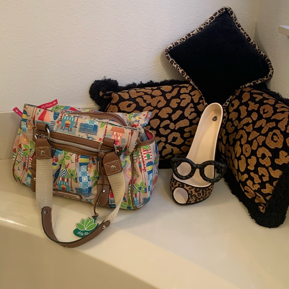 Used Lily Bloom Landon Triple Section Satchel, Beach House Sand Multi color